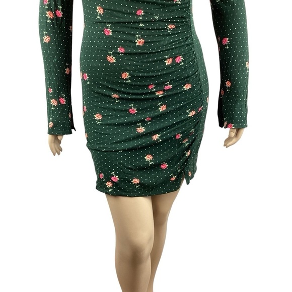 Free People Celia Mini Dress Emerald Jewel Combo Long Sleeve Ruched Size L - Picture 3 of 7